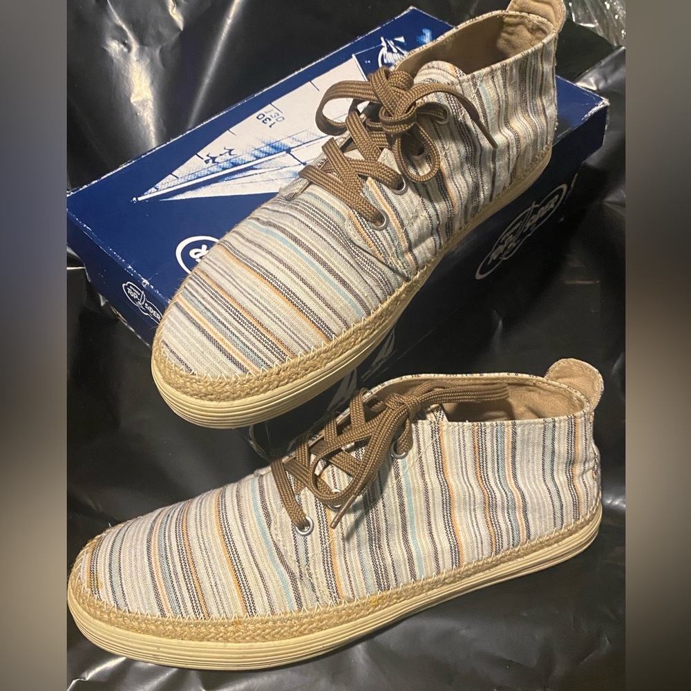 SPERRY TOP SIDER MEN canvas tan striped shoes size 10.5m